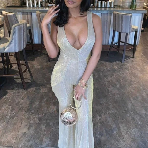 House of CB 'Fallon' champagne lurex kick flare jumpsuit - Picture 7 of 9